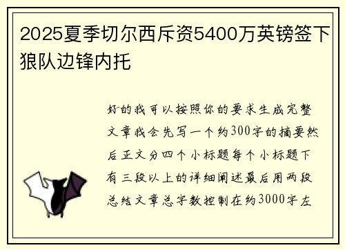 2025夏季切尔西斥资5400万英镑签下狼队边锋内托 2025夏季切尔西斥资5400万英镑签下狼队边锋内托